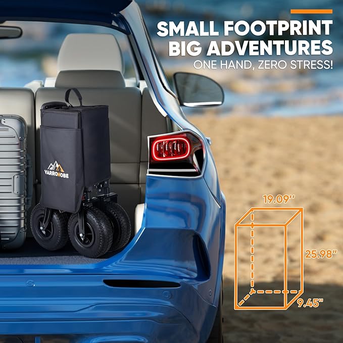 Beach Wagon with 9x3 Big Rubber Wheels for Sand, 350lbs Heavy Duty 200L Collapsible Utility Wagon, Easy Transport & Storage, Ideal for Sport, Camping, All-Terrain Outdoor Activities, Black