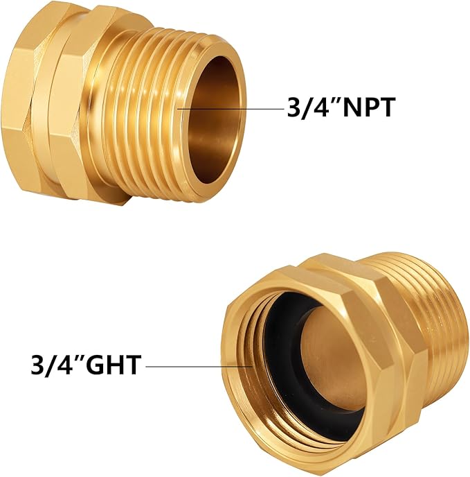 Garden Hose Adapter: Brass 3/4" GHT Female to 3/4" NPT Male Reducer, Leak-Proof Connector (3/4" GHT Female to 3/4" NPT Male, 6-Pack)