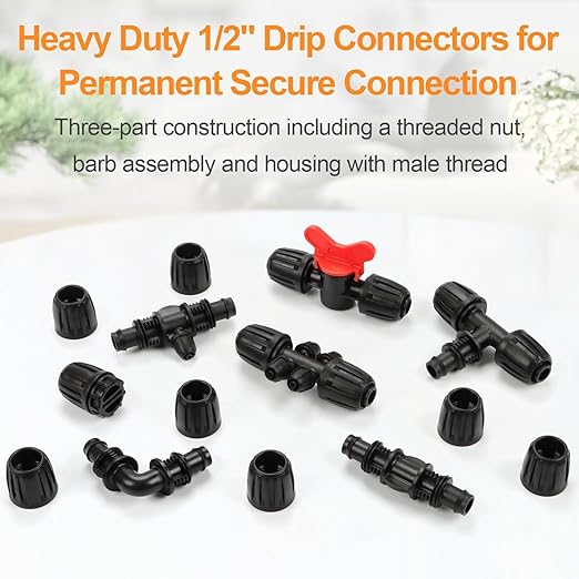 25-Piece 1/2" Drip Irrigation Fittings Kit - Anti-Drop Barbed Locked Nut Connectors for 1/2" Drip Tubing