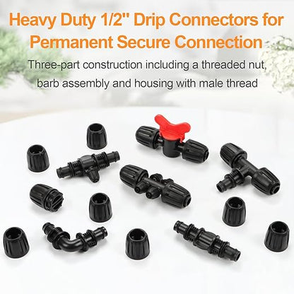 25-Piece 1/2" Drip Irrigation Fittings Kit - Anti-Drop Barbed Locked Nut Connectors for 1/2" Drip Tubing