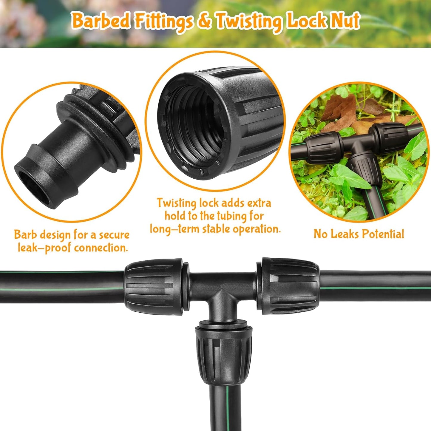 Drip Irrigation Fittings for 1/2 Inch Drip Tubing (1/2" ID x 0.65" OD)：1/2'' Drip Line Tees Anti-drop Locked Nut Barbed Tee Connectors Garden Irrigation System Parts (10 Pack)
