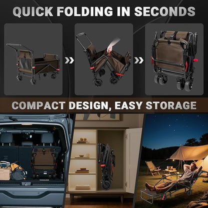 LEVELEVE Heavy Duty Folding Wagon - 2-in-1 Collapsible Cart, 400lb Capacity, All-Terrain Wheels w/Brakes & Side Pockets (Brown)