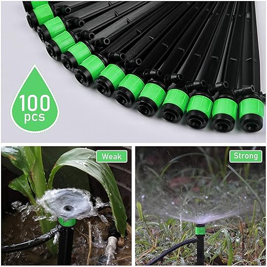 Kalolary 100Pcs Irrigation Drippers Drip Emitters, Micro Spray Adjustable 360 Degree Full Circle Pattern Water Flow Sprinkler Fits 1/4 (4-6mm) Irrigation Tubing for Garden Irrigation(Green)