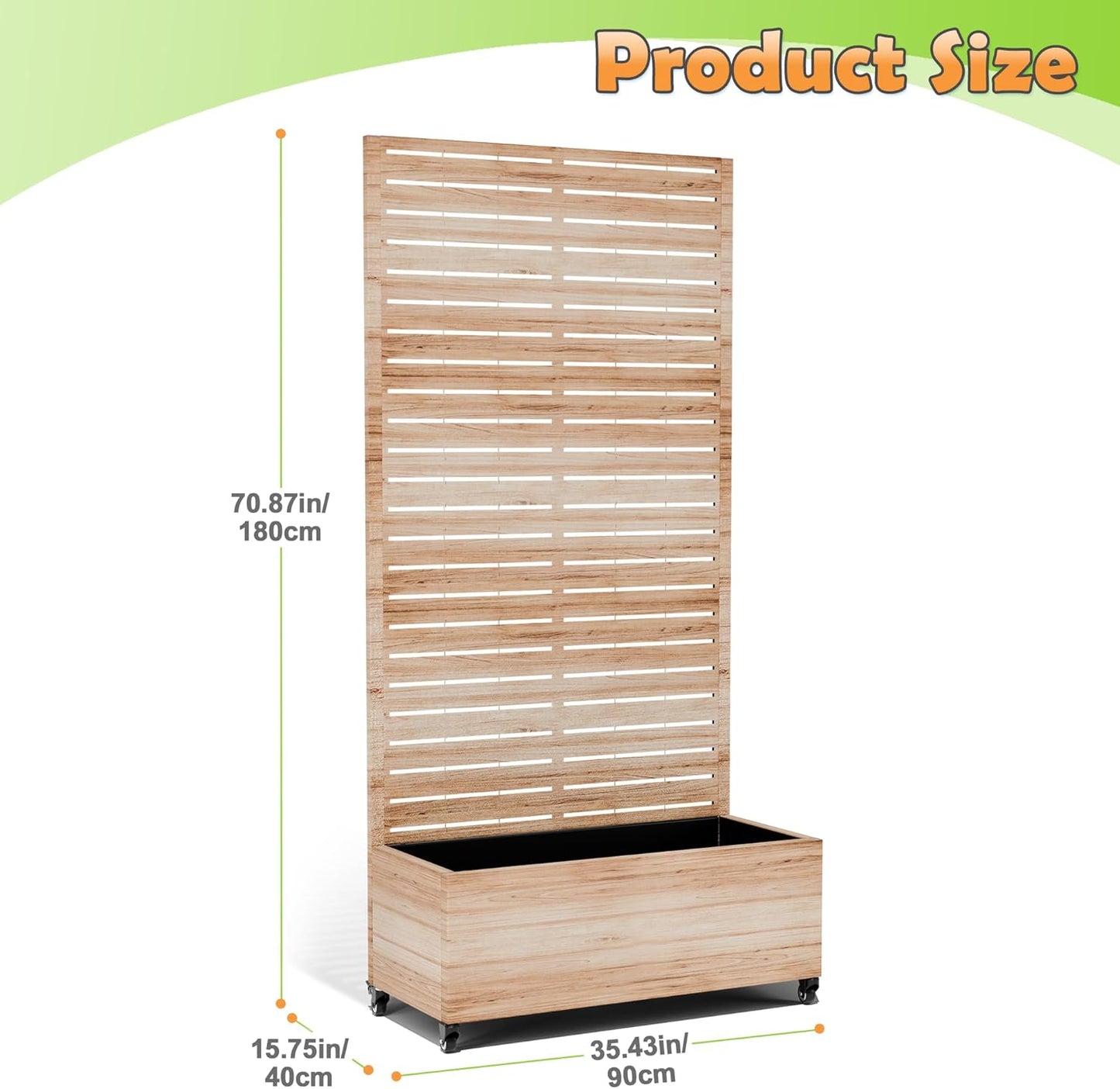 Metal Raised Garden Bed with Trellis, 2-in-1 Planter Box & Privacy Screen for Climbing Plants, Outdoor Standing Flower Bed with Drainage Holes, 35.4" L x 15.7" W x 70.1" H, Acacia Wood Grain