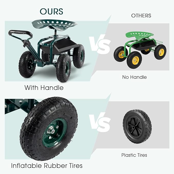 Garden Cart with Seat Outdoor Gardening Carts Heavy Duty Rolling Garden Stools Scooter with Handle and Storage for Seniors, Green