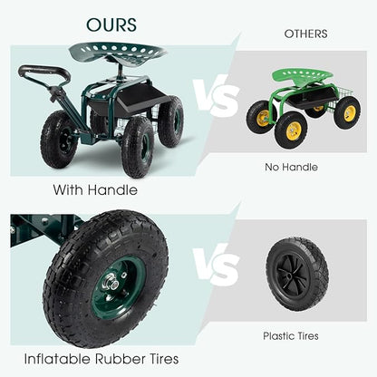 Garden Cart with Seat Outdoor Gardening Carts Heavy Duty Rolling Garden Stools Scooter with Handle and Storage for Seniors, Green