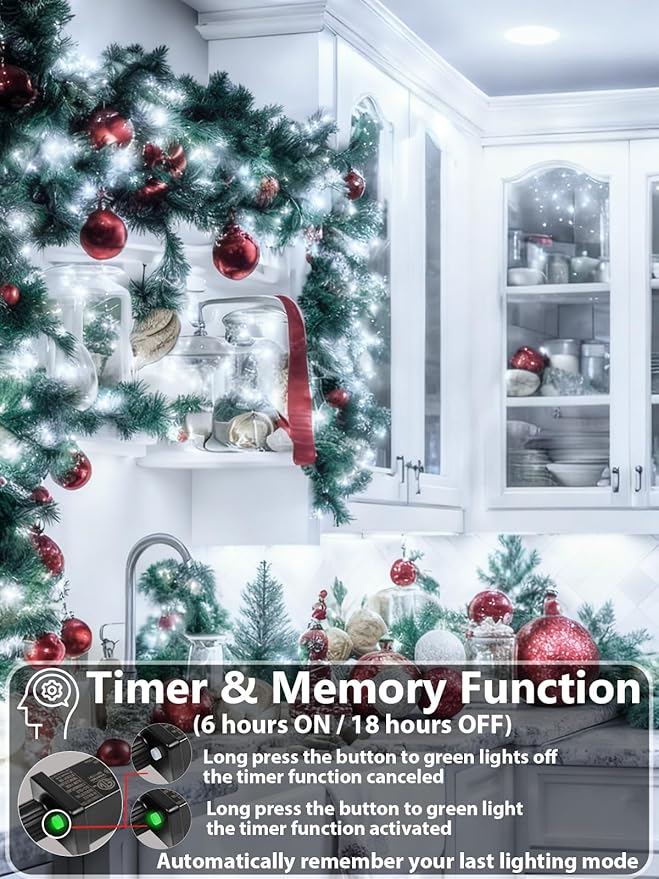 Upgraded 33 FT 100 LED Christmas Lights Outdoor Indoor, Extendable Waterproof White String Lights with Memory Function & Timer & 8 Modes Green Wire for Xmas Tree Holiday Party Garden Decor(Cool White)