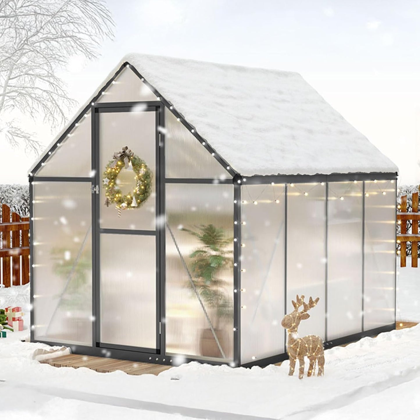 KING BIRD Greenhouse for Outdoors, 7.4x6 FT Polycarbonate Walk-in Green House, Quick-Setup Aluminum Frame UV Resistant Panel for Outside Garden Backyard W/ Lockable Screen Door, Vent, 2 Shelves, Black