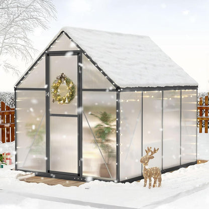 KING BIRD Greenhouse for Outdoors, 7.4x6 FT Polycarbonate Walk-in Green House, Quick-Setup Aluminum Frame UV Resistant Panel for Outside Garden Backyard W/ Lockable Screen Door, Vent, 2 Shelves, Black