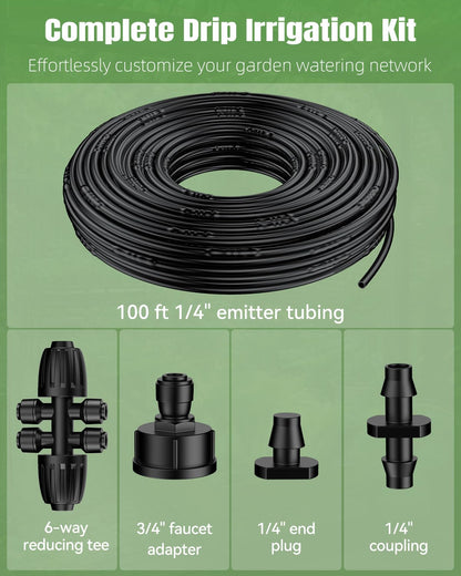 Pawfly 100 ft 1/4 Drip Irrigation Tubing, 1/4" Emitter with 6" Spacing, Polyethylene Drip Line with 12 Parts, Black Distribution Tubing for Garden System, Drip Irrigation Hose Roll