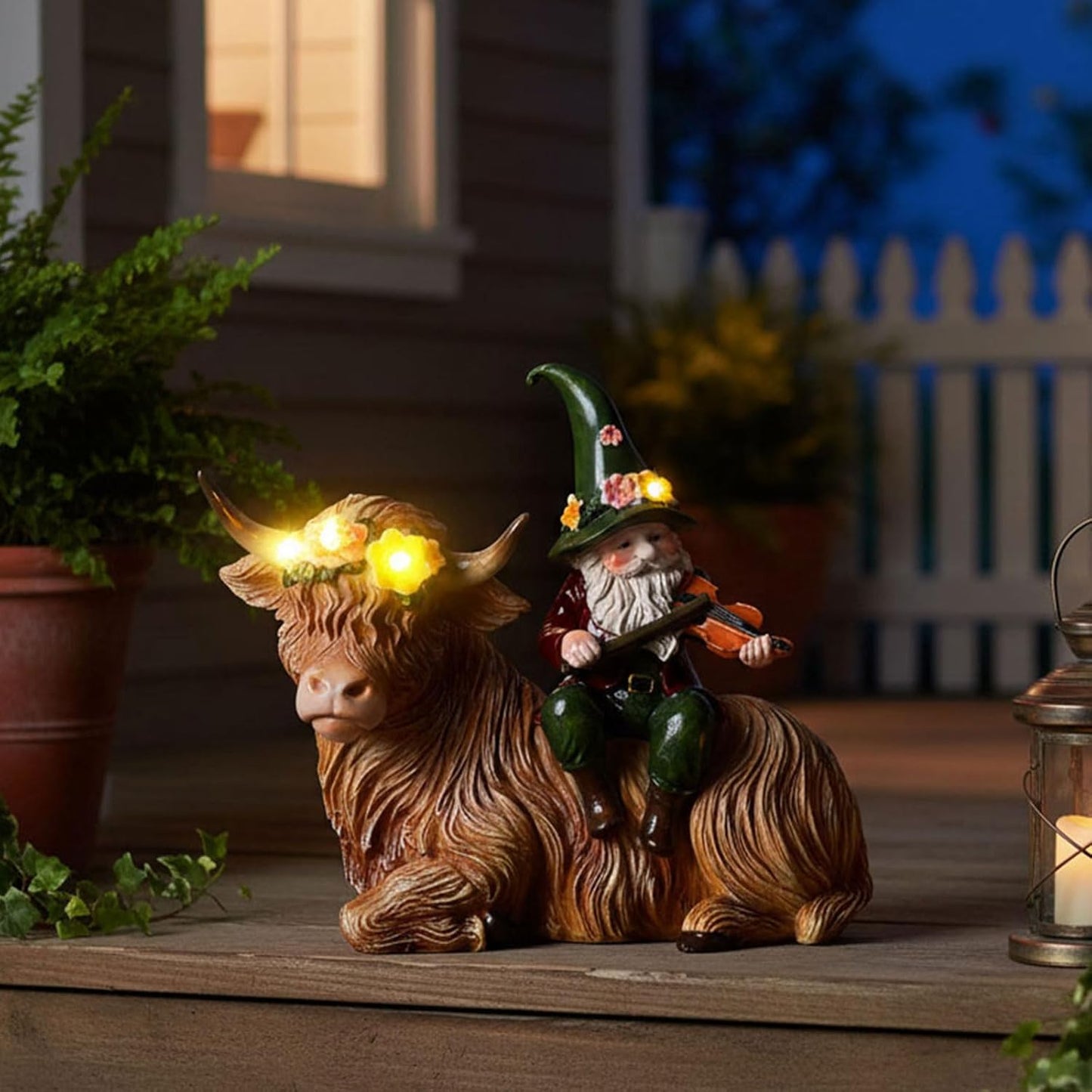 Solar Highland Cow Figurines for Garden with Gnome Playing the Violin 6.7"Resin Garden Gnomes Outdoor Patio Yard Lawn Porch Decor Birthday Housewarming Gifts for Women Mom Grandma Wife Sister Friend
