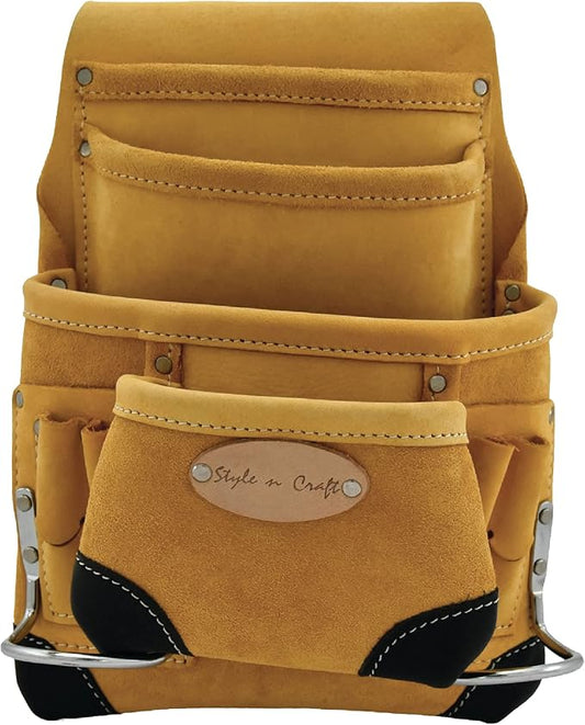 Style n Craft 10-Pocket Carpenter’s Nail & Tool Pouch, Heavy-Duty Leather Tool Pouch, Perfect and Durable Full-Grain Leather Pouch, Yellow with Black Leather Corners (#93923)