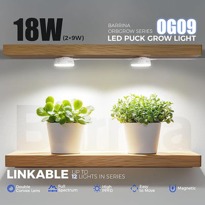 Barrina Orbgrow OG09 Puck LED Grow Light, 5000K 18W(2 x 9W, 270 Watt Equiv), Plant Lights for Indoor Plants Full Spectrum, Magnetic & Linkable, Small Grow lamp, Perfect for Plant Shelf, 2 Packs