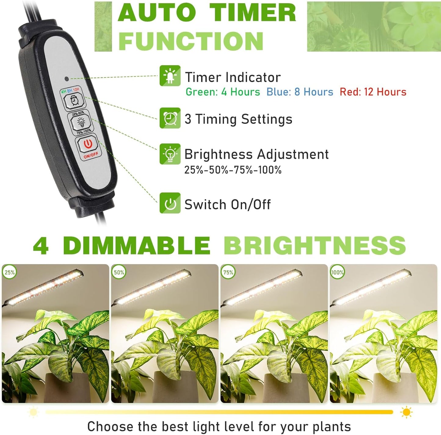 FOXGARDEN Grow Light Full Spectrum, Dual Head Plant Lights for Indoor Growing with Flexible Gooseneck, 104 LEDs Clip Grow Lamp with 4/8/12H Timer, 4 Brightness Levels, Ideal for Indoor Growth