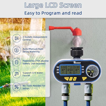 Sprinkler Timer for Garden Hose, Programmable Hose Timer with Rain Delay/Manual/2 Solenoid Valves Garden Electronic Irrigation Controller System Color Blue