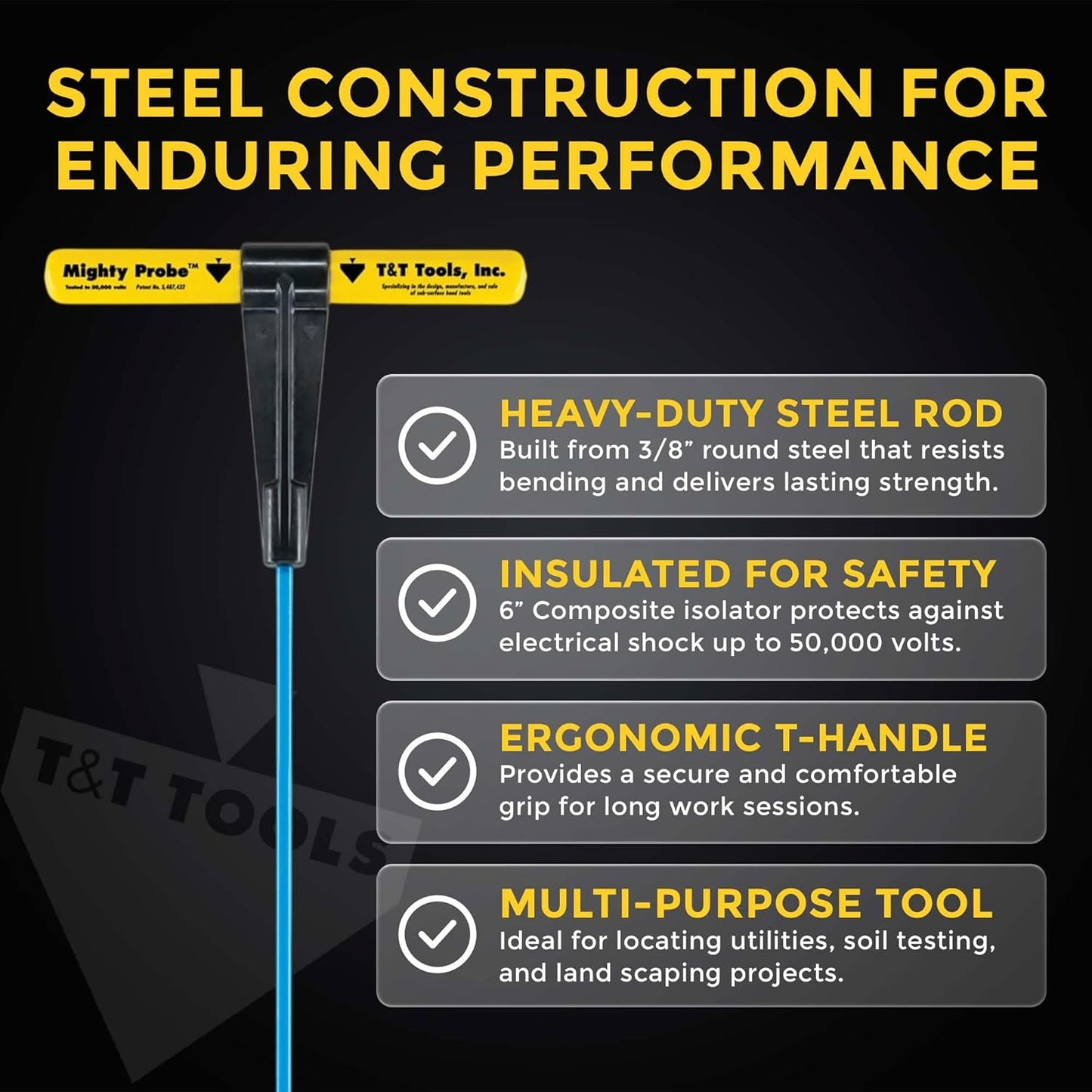 T&T Tools 36-Inch Mighty Probe Insulated Metal Soil Probe – 3/8" Metal Round Rod, Heavy Duty Design for Easy Penetration & Withdrawal, Soil Testing & Landscaping Tools, T-Handle, USA-Made-4 Pack