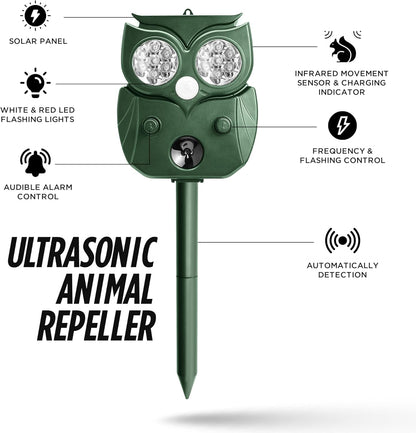 Solar Animal Repellent Outdoor, Ultrasonic Deer Repeller, Raccoon, Squirrel Deterrent Device, Waterproof Motion Detection, Rodent Against Rabbit, Skunk for Garden, Lawn, Farm Use