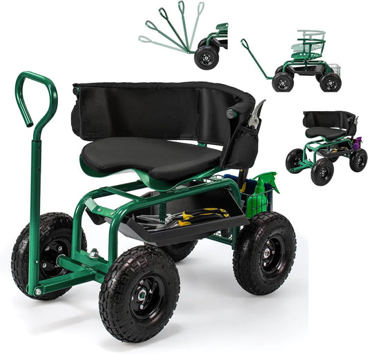 ERGOMASTER Rolling Garden Seat with Wheels, Adjustable 360° Swivel Workseat and Storage Basket, Extendable Handle, Outdoor Gardening Wagon Scooter, Green
