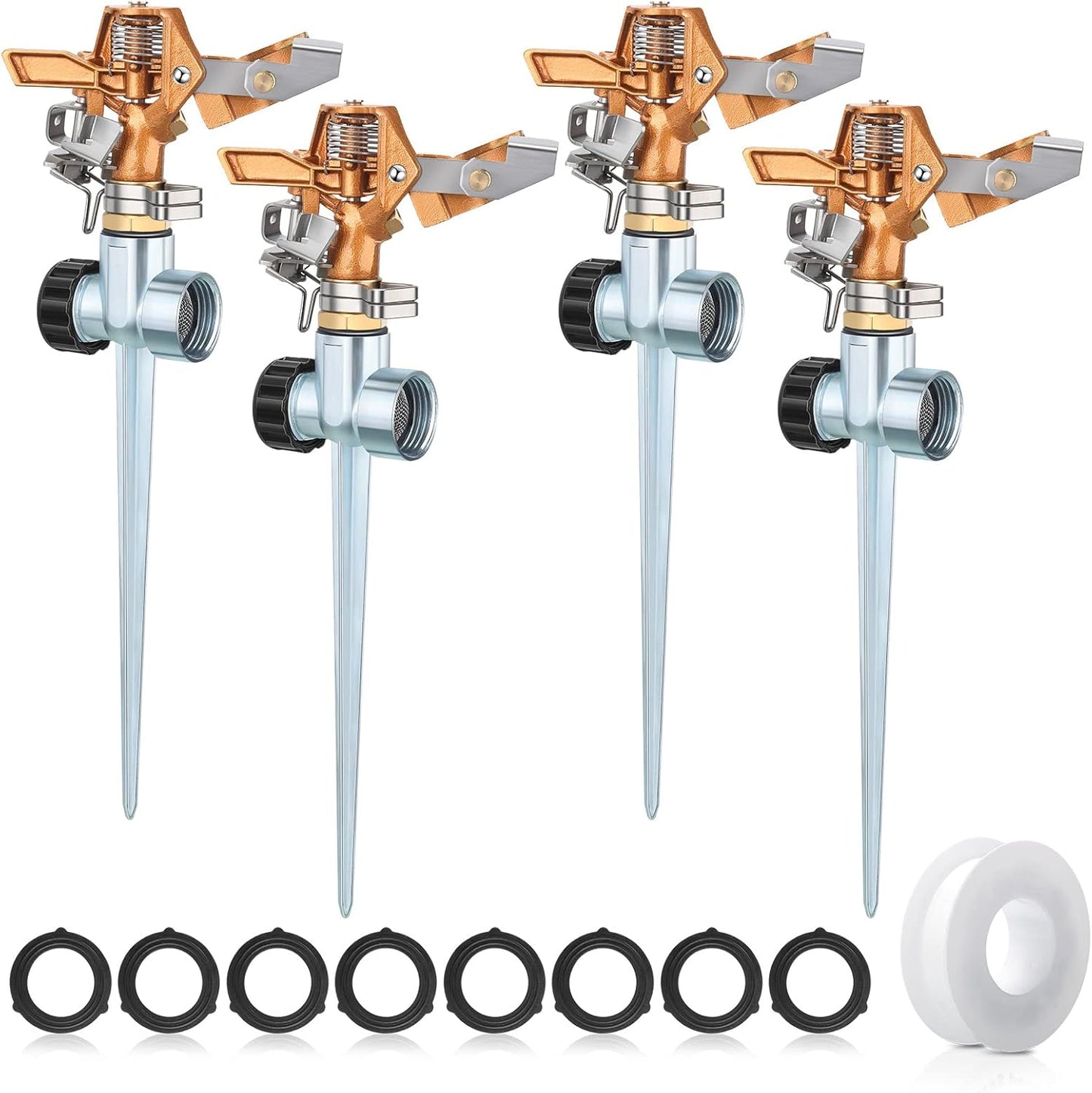 4 Pieces Brass Impact Lawn Sprinklers for Yard, Heavy Duty Water Sprinkler Head with Zinc Alloy Spike Base 360 Degree Automatic Rotating Lawn Sprinkler for Yard Lawn Large Area Patio Garden
