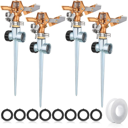 4 Pieces Brass Impact Lawn Sprinklers for Yard, Heavy Duty Water Sprinkler Head with Zinc Alloy Spike Base 360 Degree Automatic Rotating Lawn Sprinkler for Yard Lawn Large Area Patio Garden