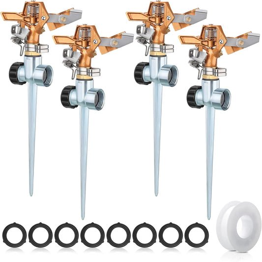 4 Pieces Brass Impact Lawn Sprinklers for Yard, Heavy Duty Water Sprinkler Head with Zinc Alloy Spike Base 360 Degree Automatic Rotating Lawn Sprinkler for Yard Lawn Large Area Patio Garden