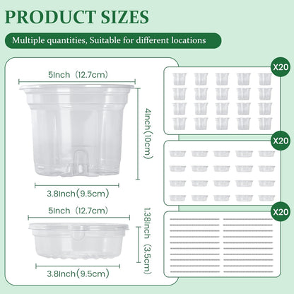 20 Pack 5 Inch Clear Self Watering Plant Pots with Bottom Water Tray & Watering Rope, Transparent Nursery Pots with Drainage for Seedlings, Herbs, and Houseplants