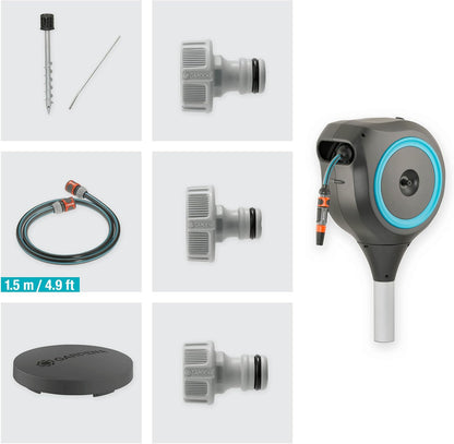 GARDENA 18614 | 66' x 1/2" Automatic Retractable Garden Hose Reel on Metal Spike, Outside Garden Hose with 360° swivel. No Holes in your house, Easy Installation, No Tools Required