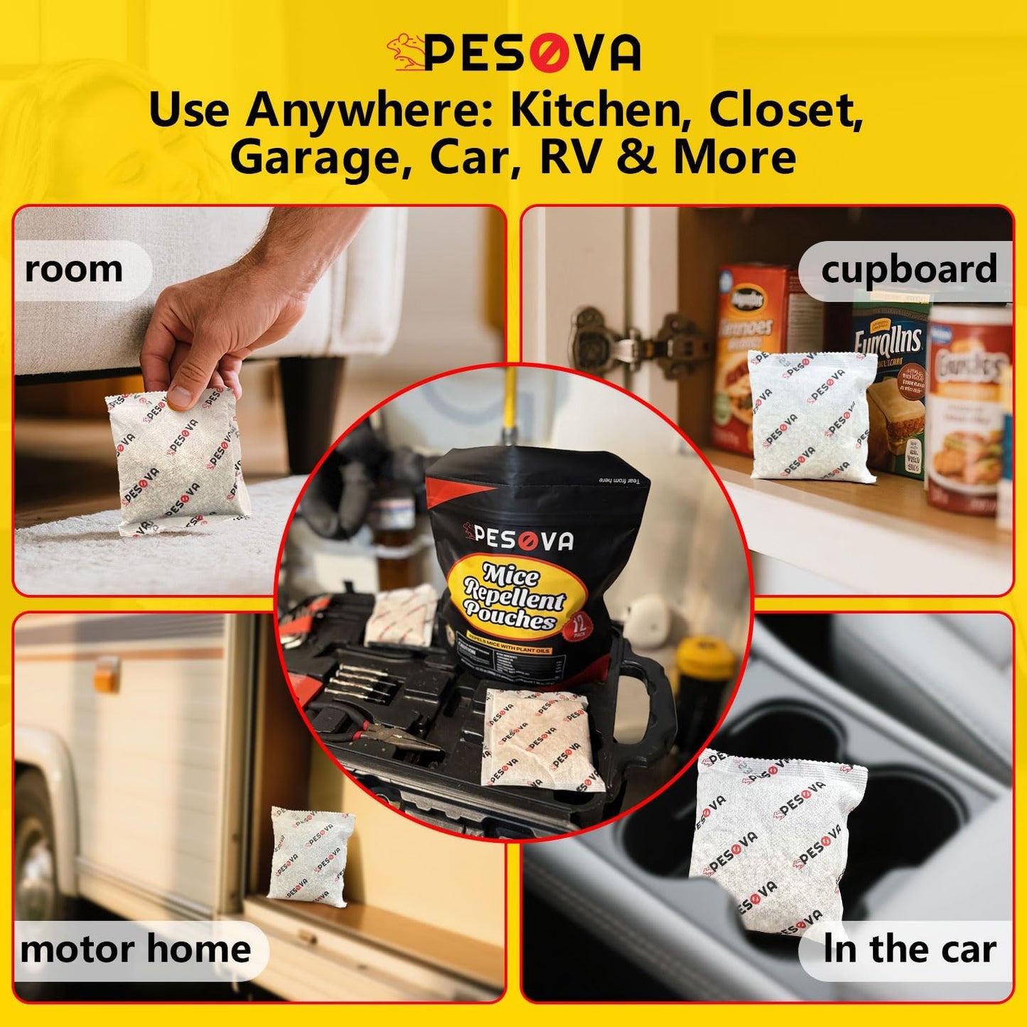 Mouse Repellent Pouches, Natural Rodent Repellent for Home, Car, RV, Garage, and Storage-Peppermint Scented Mice Repellent, Long-Lasting Indoor & Outdoor Rodent Defense (12 Pack)