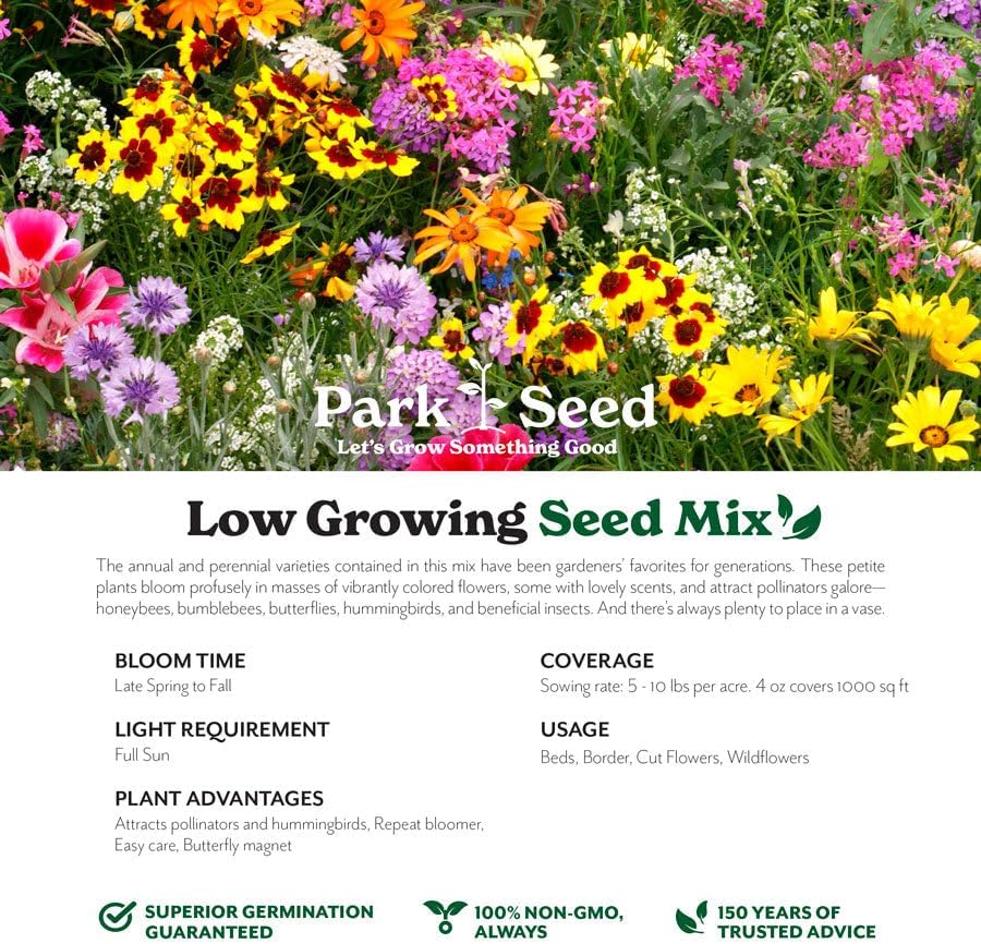 Park Seed Grow Your Own Vibrant Annual and Perennial Wildflower Garden Seeds Mixture, Easy to Grow Varieties for Pollinators and Spring Gardens - Low Growing Mix, 1 lb