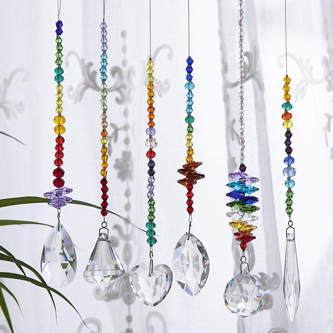 H&D HYALINE & DORA Colorful Crystals Glass Pendants Chandelier Suncatchers Prisms Hanging Ornament Octogon Chakra Crystal Pendants for Home,Office,Garden Decoration,Pack of 6