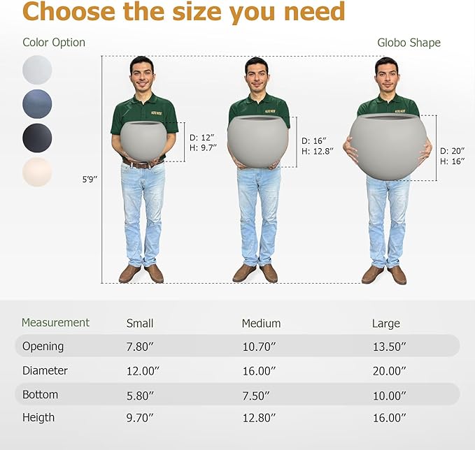 9.7" H x 12" D Globo Fiberstone Round Planter with Drainage Hole, Weather Resistant, Planters for Indoor Plants & Outdoor, 2 Extra Coco Mats (Light French Gray, 7.8" Pot Opening)