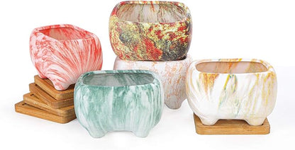 ARTKETTY Succulent Planters, 4.7" Small Succulent Pots with Drainage Rectangular Cactus Planter with Bamboo Trays Ceramic Pots for Indoor Flower Plants Set of 5