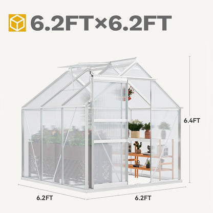 DWVO 6x6FT Polycarbonate Greenhouse for Outdoors, Large Heavy Duty Aluminum Greenhouses with Sliding Doors and Vent Window, Walk-in Greenhouse Large Sun House for Garden Backyard, Silver