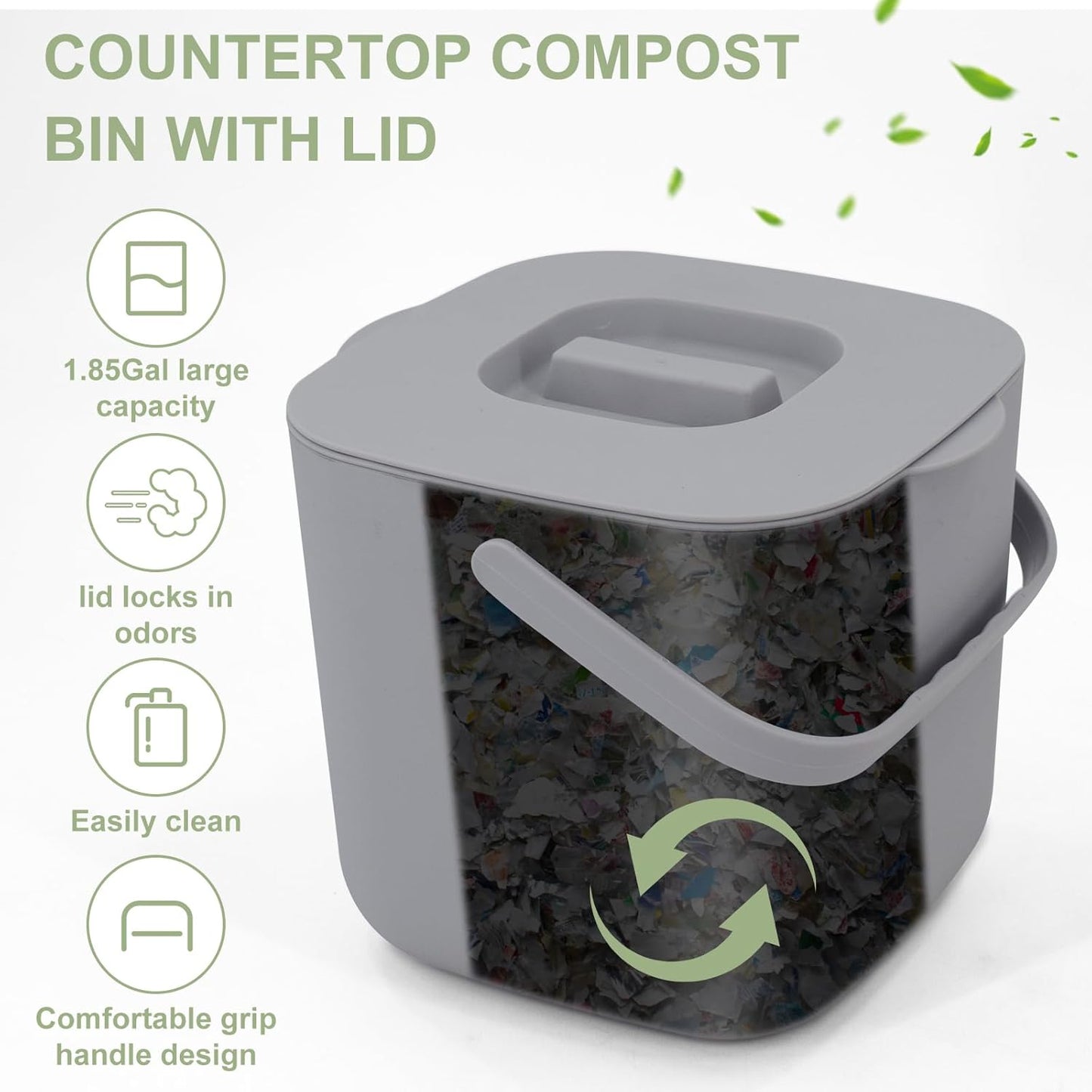Stylish Kitchen Compost Bin- 1.85 Gal/ 7L Countertop Compost Bin with Lid, Inner Sieve for Separating Liquid from Food, Easy to Clean (Grey, 1.85GAL)