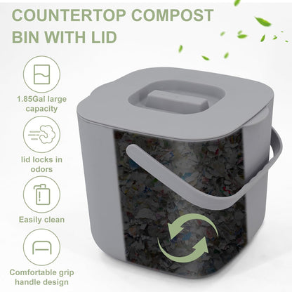 Stylish Kitchen Compost Bin- 1.85 Gal/ 7L Countertop Compost Bin with Lid, Inner Sieve for Separating Liquid from Food, Easy to Clean (Grey, 1.85GAL)