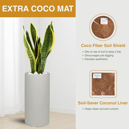 19.5" H x 9.8" D Tubo Fiberstone Cylinder Tall Planter with Drainage Hole, Smooth Finishes, for Indoor and Outdoor Use, Included 2 Extra Coco Mats (Light French Gray, 8.2" Pot Opening)