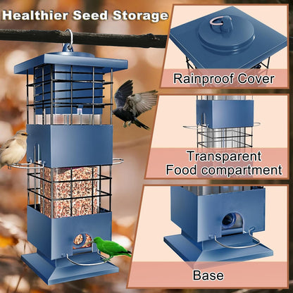 Squirrel Proof Bird Feeder, 3.5Lbs Large Capacity Metal Squirrel-Proof Bird Feeders for Outdoors Hanging, 4 Feeding Ports Wild Bird Feeders with Gravity Protection for Finch, Cardinal, Blue Jay