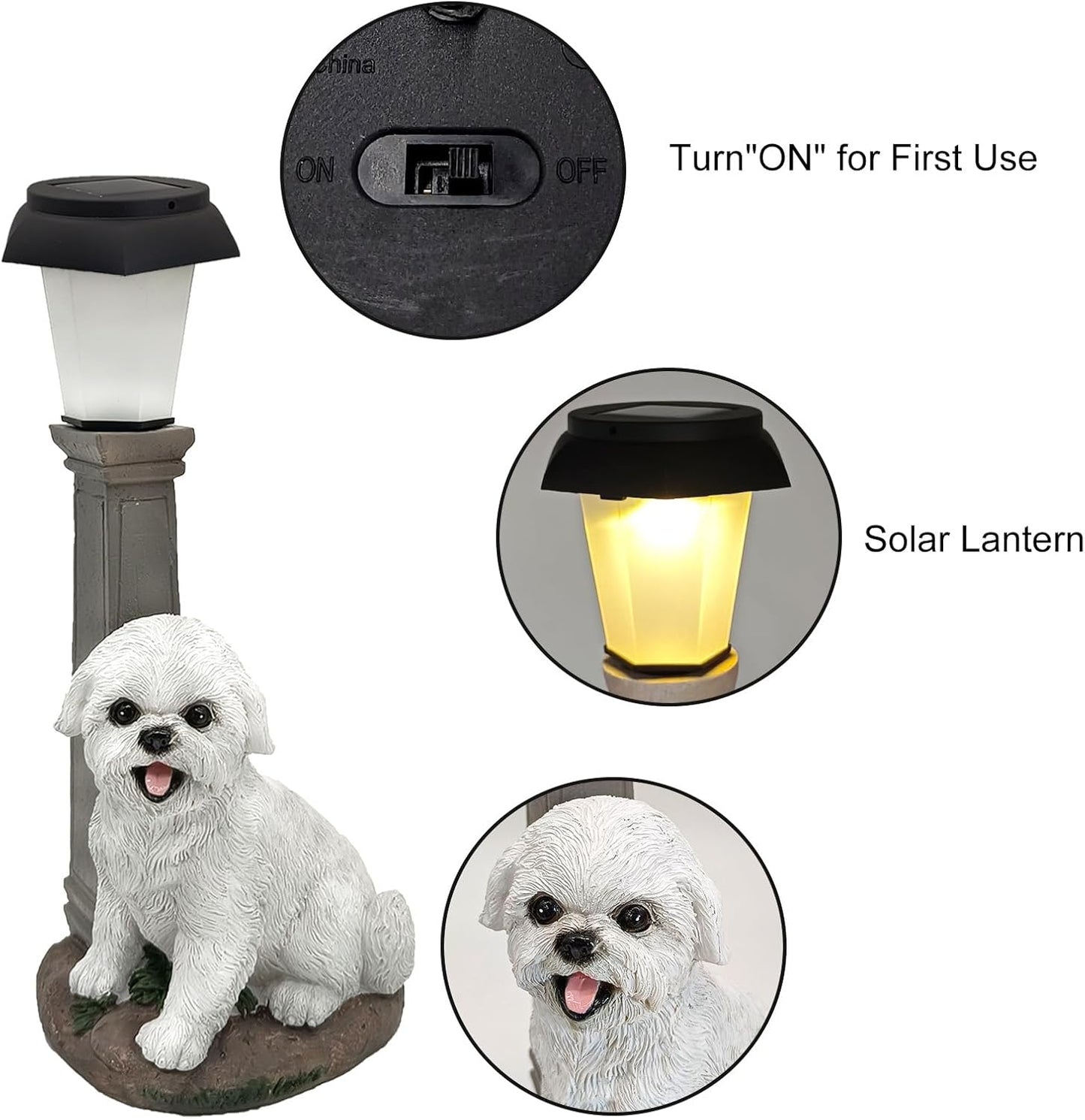 Solar Dog Garden Statues with Lantern, Resin Bichon Dog Sculpture with Warm White Light for Outside Lawn Porch Patio