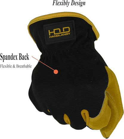 HANDLANDY Men Leather Gardening Gloves, Utility Work Gloves for Mechanics, Construction, Driver