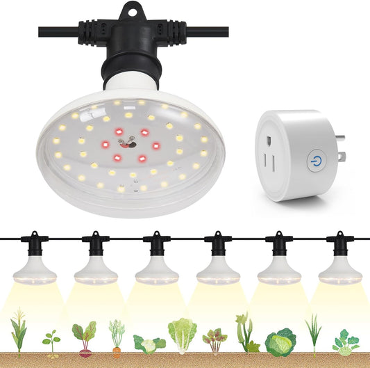 Outdoor Grow Lights Waterproof, Full Spectrum String Grow Light with 22FT Light String Cord for Seedling, Veg, Flower in Greenhouse, Garden, Backyard, Farm (6 Lights, with Smart Plug)