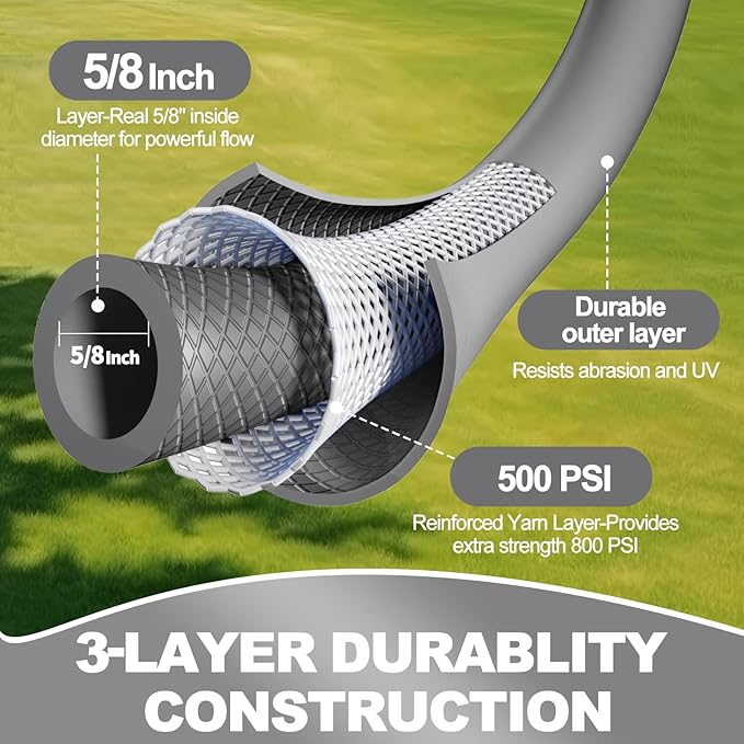 YOTOO Heavy Duty Hybrid Garden Water Hose 5/8-Inch by 100-Feet 150 PSI Kink Resistant, Flexible with Swivel Grip Handle and 3/4" GHT Solid Brass Fittings, Gray