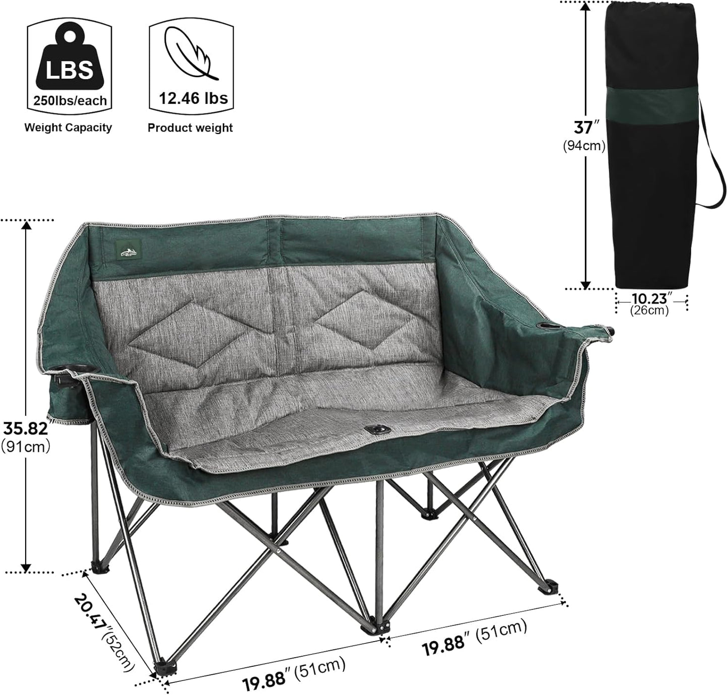 Northroad Folding Loveseat Camping Chair Portable Double Duo Full Padded Garden Chair for 2 Person Sofa w/ 2 Cup Holder,Wine Glass Holder,Mesh Storage,Support 600lbs for Picnic Beach Travel