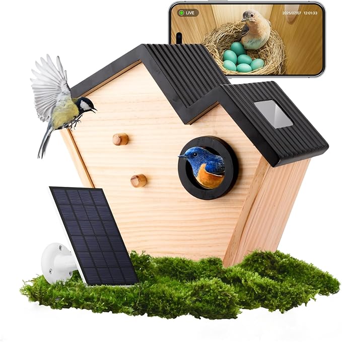 Smart Birdhouse with 2K HD Camera, Solar Powered & Battery, Night Vision, AI Bird Identification, Real-Time Alerts, APP Control, Outdoor Wooden Bird House, Ideal Gift for Bird Lovers
