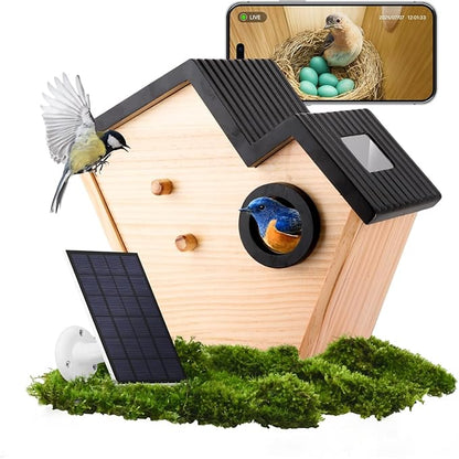 Smart Birdhouse with 2K HD Camera, Solar Powered & Battery, Night Vision, AI Bird Identification, Real-Time Alerts, APP Control, Outdoor Wooden Bird House, Ideal Gift for Bird Lovers