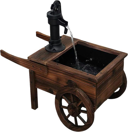 Carbonized Wood Outdoor Freestanding Fountain - Movable Vintage Hand Pump Cart, Plug-in Water Pump Electric Decorative Water Feature for Patio, Garden & Indoor Decoration