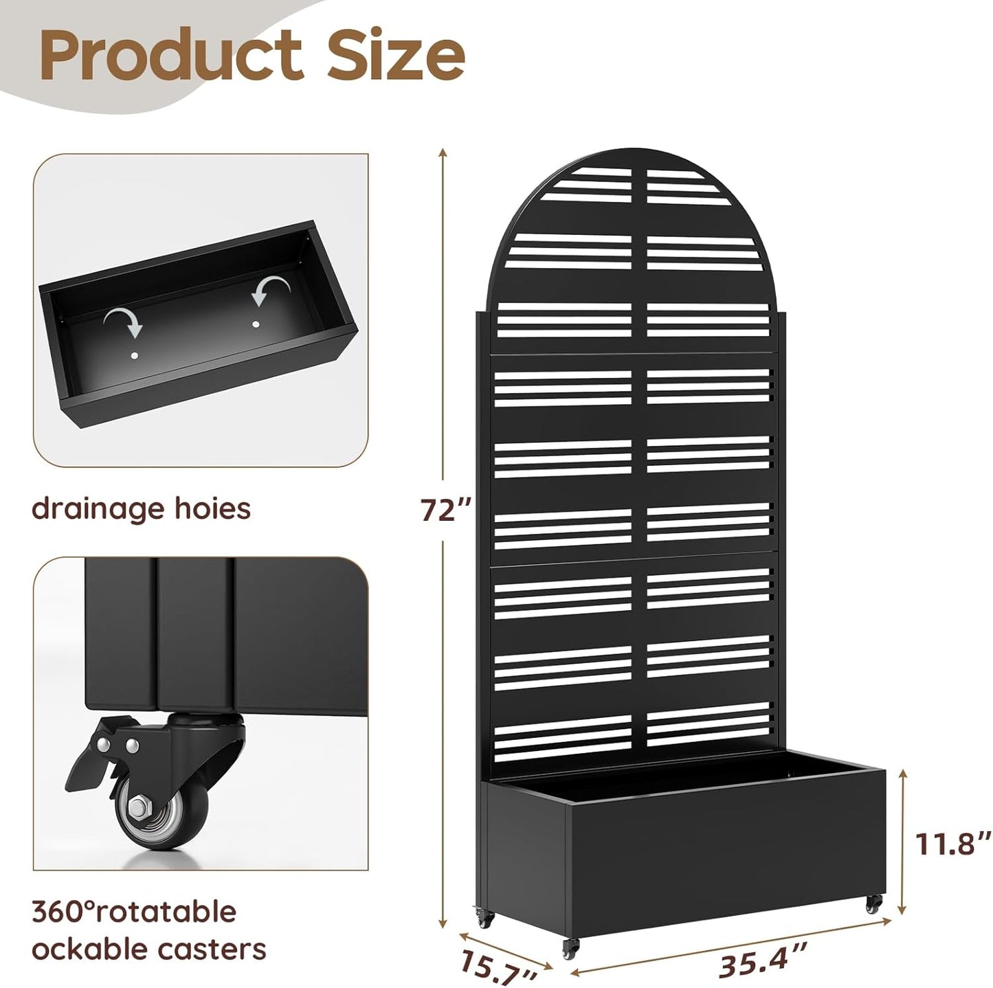 Metal Raised Garden Bed with Trellis & Wheels,72" x 35"x 15.7" Planter Box with Trellis,Privacy Planters for Patio,Garden Bed for Climbing Plants,Suitable for Climbing Plants and Vegetables,Black