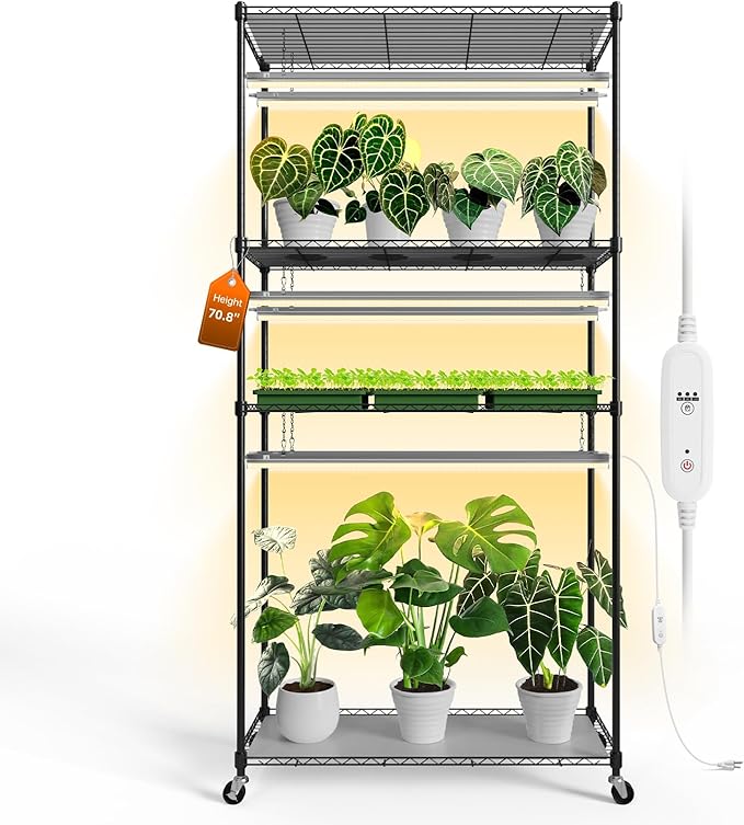 Bstrip Plant Shelf with Grow Light with Timer, Tall Plant Stand with Adjustable Rack and Wheels, 6 Pack T5 3FT Full Spectrum Grow Lights for Indoor Plants, Seed Starting, Seed Tray, 35.4"x13.8"x70.8"