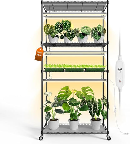Bstrip Plant Shelf with Grow Light with Timer, Tall Plant Stand with Adjustable Rack and Wheels, 6 Pack T5 3FT Full Spectrum Grow Lights for Indoor Plants, Seed Starting, Seed Tray, 35.4"x13.8"x70.8"