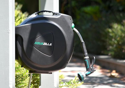 Retractable Garden Hose Reel, 100Ft x 1/2" Durable Wall Mounted Water Hose Reel with 180¡ãSwivel Bracket, 9 Pattern Sprayer, 6Ft leader hose,Smooth Automatic Rewind, Any Length Lock.