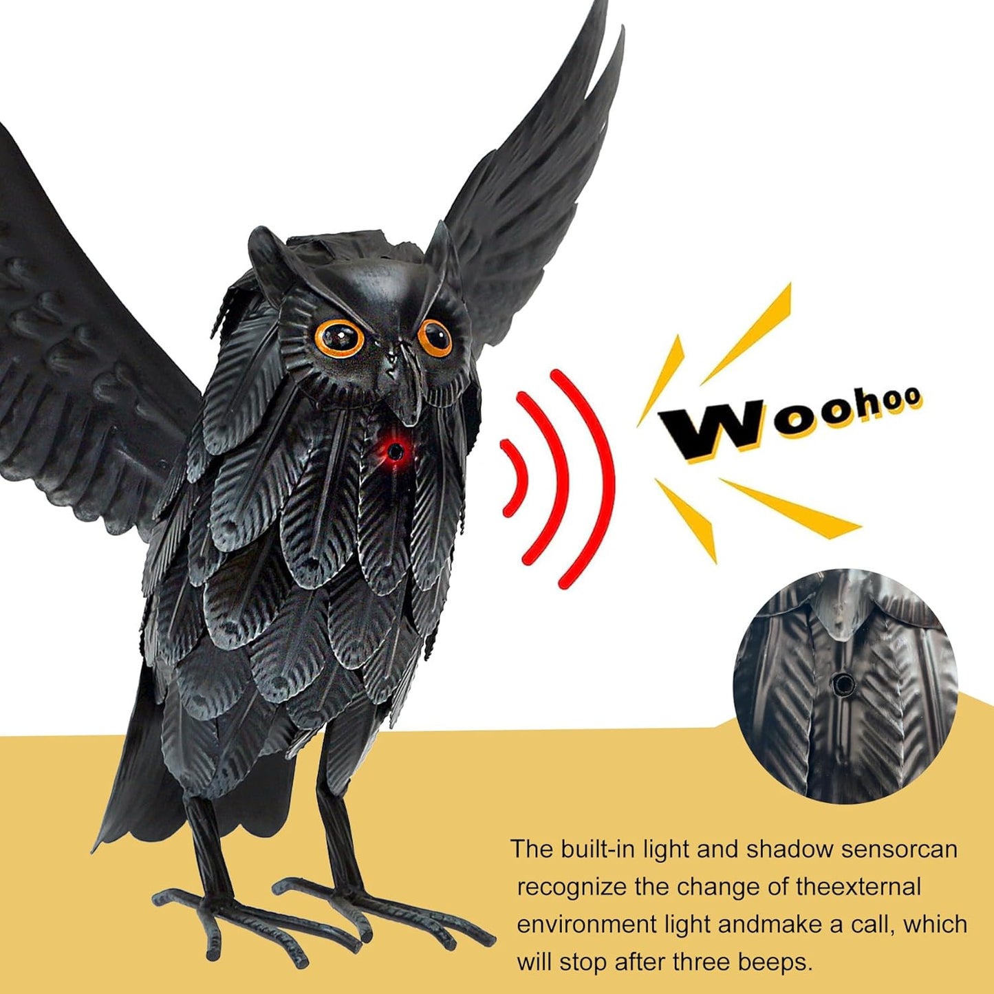 Natelf Solar Owl Decoy Sculptures & Statues Halloween Decoration, Standing Metal Bird Deterrent to Scare Birds Squirrels Away for Outdoor Garden Yard Patio, Black